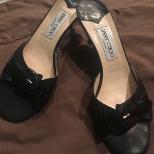 Jimmy Choo Black satin & patent leather bow slides